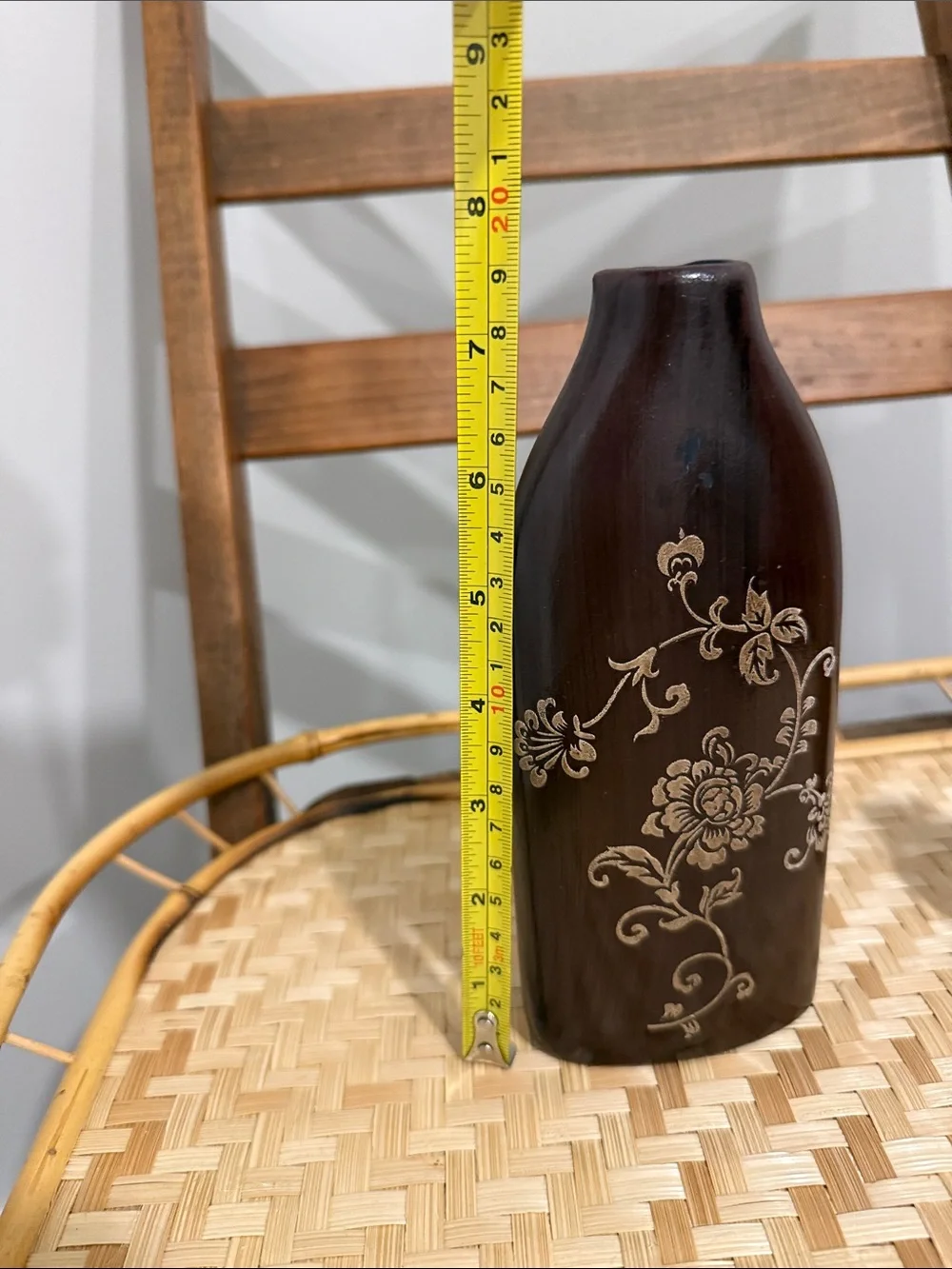 Vintage Faux Wood Grain Ceramic Vase Set Brown & Olive Green Gold Floral Boho MC